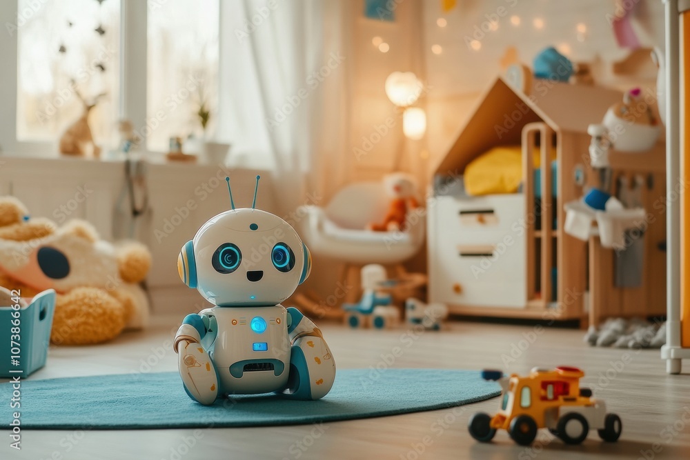 Poster friendly robots engage children in a vibrant room filled with toys, fostering creativity and playful