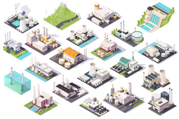 A collection of isometric factory buildings and industrial facilities. Vector illustration
