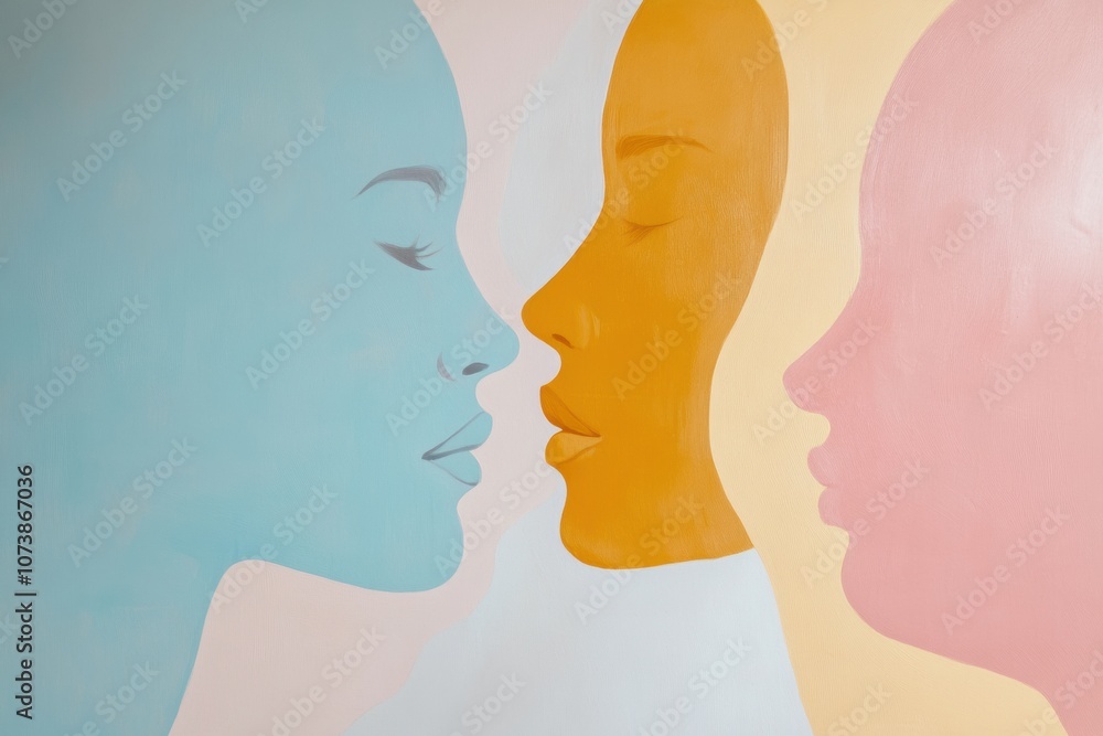 Leinwandbilder Silhouettes of two faces in soft pastel colors represent the themes of empathy and communication, artfully connecting in a modern design. Generative AI