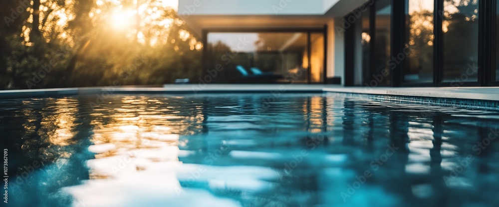 Poster a close-up of a still blue swimming pool with the sunset reflecting in the water in front of a moder
