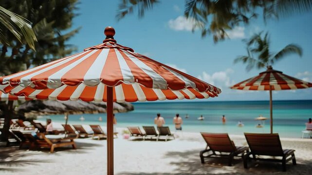 A red and white striped umbrella stands on a sandy beach with lounge chairs and palm trees in the background