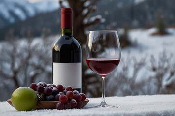 Red wine on the table, outdoor scene with winter landscape in the background