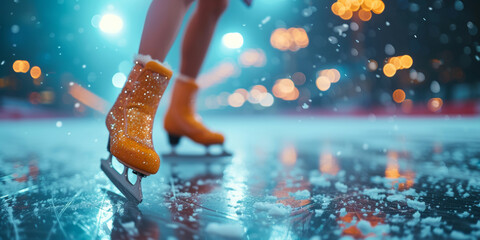 Female glittering ice skates on winter ice rink with bokeh lights and snowfall, capturing festive atmosphere, low angle view, evoking feelings of enchantment and holiday spirit.