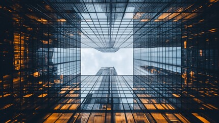 A low angle view looking up at a tall glass skyscraper. The building is made of glass and steel and has a modern design. The sky is visible through the glass.