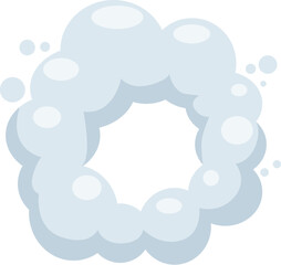 Cartoon illustration of round frame created by light blue smoke puffs floating on white background, creating a dreamy and ethereal atmosphere