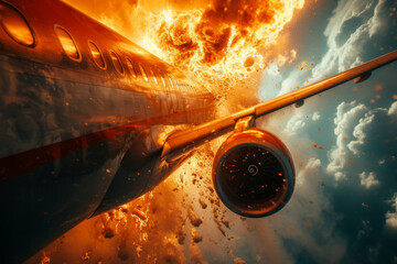 Airplane crash in mid-air explosion with flames and debris engulfing the aircraft, dramatic scene of passenger airliner crashes, view along the fuselage engulfed in flames