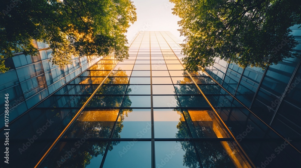 Poster A low angle view of a modern skyscraper with trees framing the building and the sun reflecting off the windows.