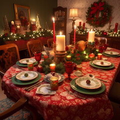 Elegant Christmas Dinner Table with Rich Warm Tones, Holiday Details, and a Traditional Photography Style