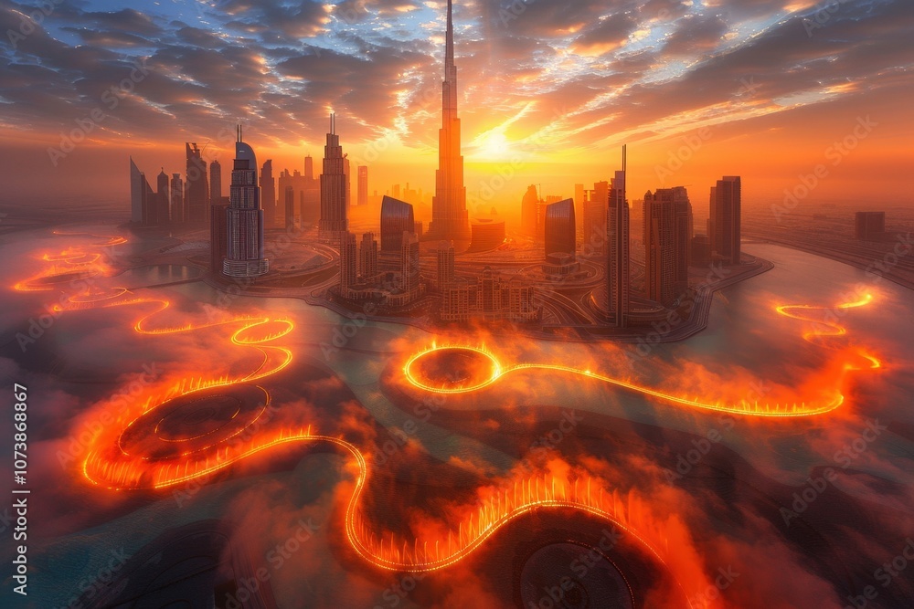 Poster a city with a large building in the background and a river in the foreground