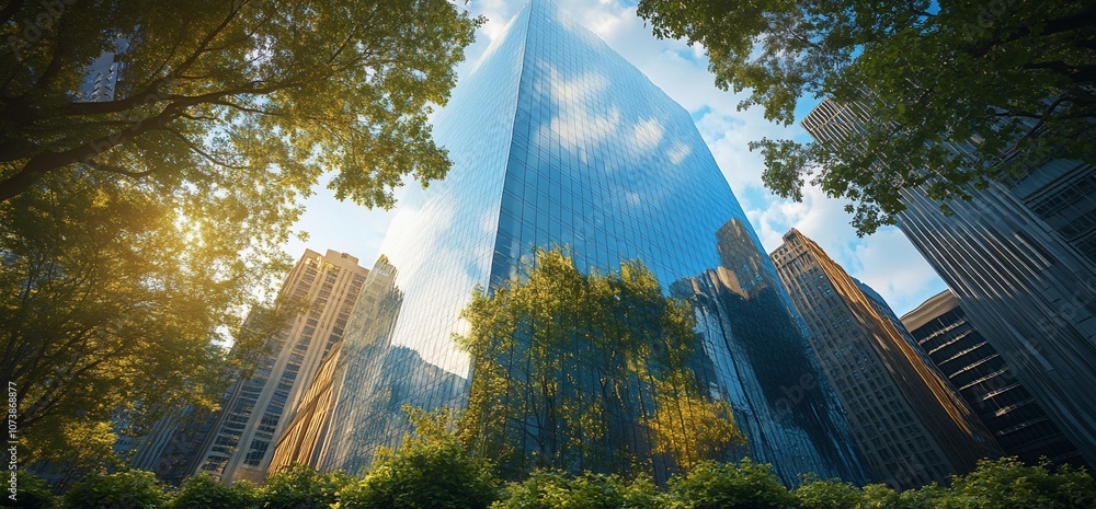Poster a low angle view of a tall skyscraper in the city with lush green trees and a blue sky with clouds i