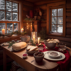 Festive Christmas Dinner Table with Warm, Rich Tones Captured in a Classic Holiday Photography Style