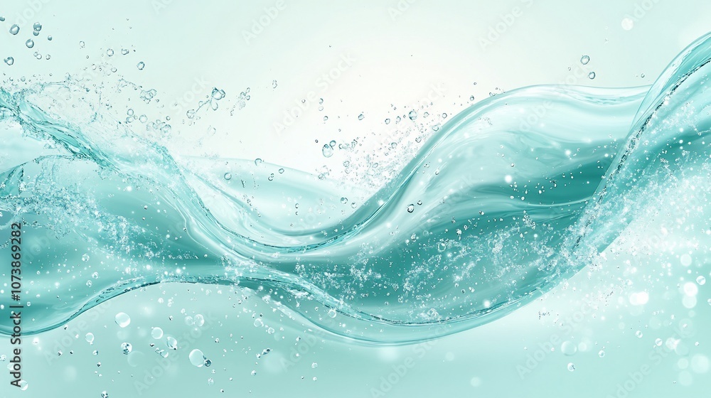 Wall mural Abstract flowing blue water with bubbles on a light blue background.