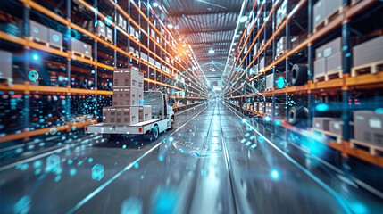 A Modern Logistics Warehouse Showcasing Advanced Technology and Automation With a Delivery Truck Navigating Through Effectively Organized Storage Aisles