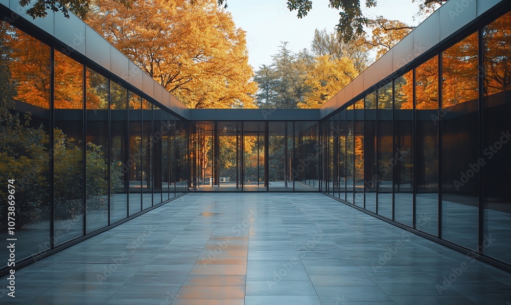 Poster A modern building with large glass windows and a courtyard surrounded by trees. The trees are changing color in the fall, creating a beautiful contrast with the sleek lines of the architecture.