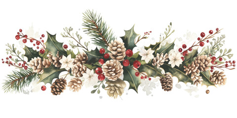 Obraz premium A Christmas border showcasing holly leaves, pine cones, and bright red berries, ideal for creating holiday cards, seasonal posters, digital invitations, or festive social media graphics