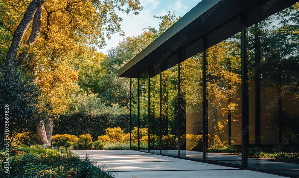 Poster A modern building with large windows reflecting the surrounding trees and foliage.