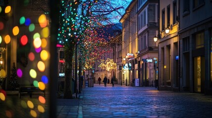 Naklejka premium A serene street illuminated with colorful lights during twilight, creating a festive atmosphere.