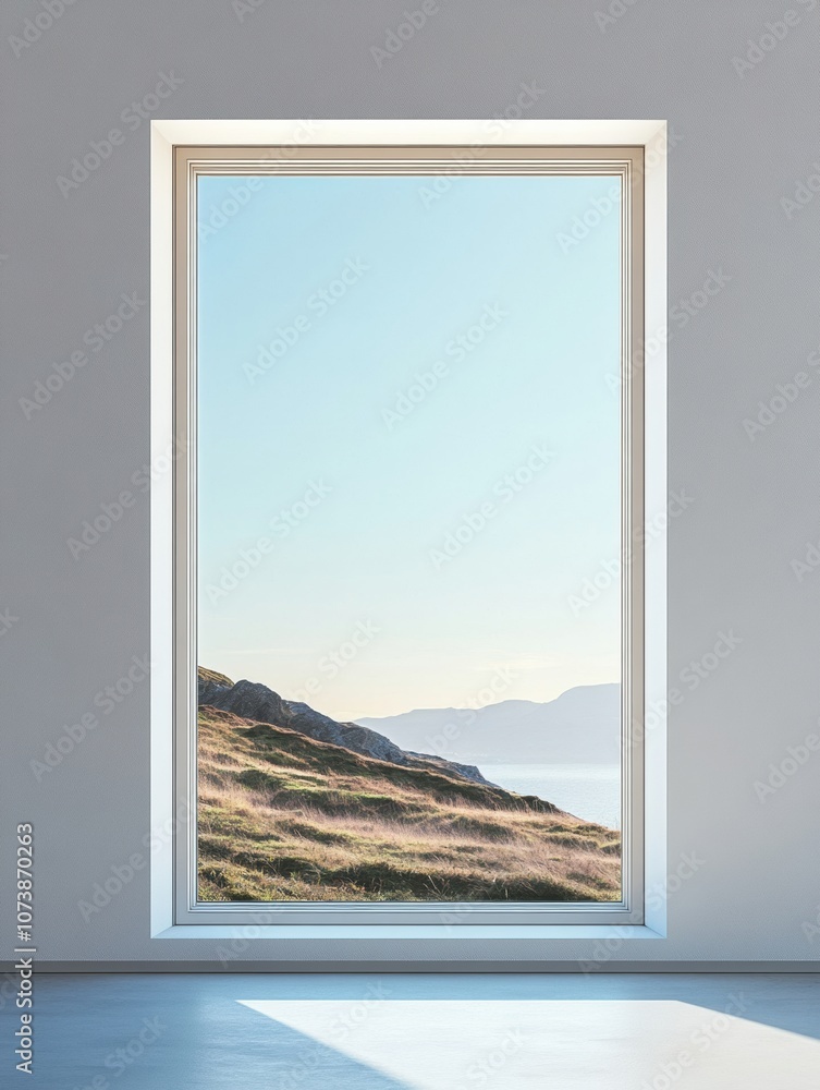 Aufkleber Through the open window, a tranquil view of rolling hills and water enhances the serene atmosphere of the empty space. Generative AI
