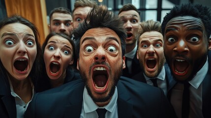 Group of Excited Professionals Reacting Passionately in a Modern Office Setting During a Team Meeting in the Afternoon, Showcasing Their Enthusiasm and Energy