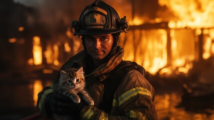 A Firefighter Rescues a Kitten From a Burning Building While Flames Engulf the Background in a Dramatic Rescue During a Nighttime Emergency