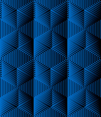 Seamless geometric pattern in grey golden blue pink tints. Modern stylish texture. Repeating geometric background. Hexagons with striped surfaces.