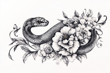 Floral-Adorned Snake Tattoo in Black and Gray on White