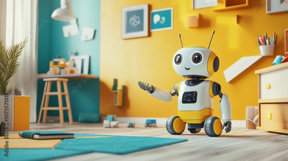 Aufkleber Brightly decorated children's room with playful robot helpers encouraging creativity and imagination in a lively setting. Generative AI