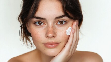 A Young Woman Applies Moisturizer to Her Face, Showcasing a Natural Look in a Softly Lit Environment With a Neutral Background, Emphasizing Skincare and Beauty Routines