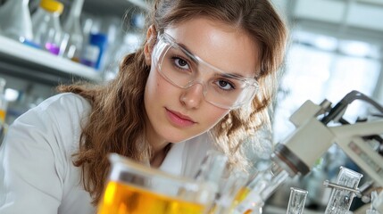 A Scientist Conducting Experiments in a Laboratory With Colorful Liquids During the Day While Wearing Safety Goggles and a Lab Coat to Ensure a Safe Working Environment
