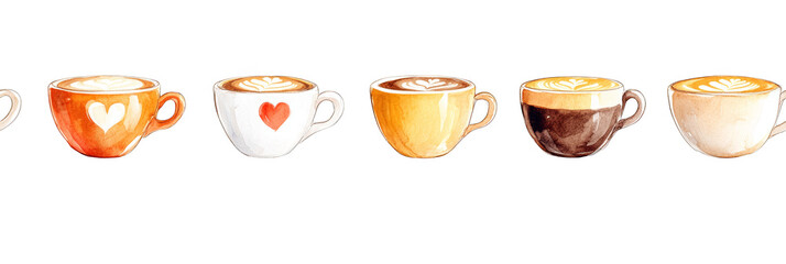 seamless border of colorful coffee cups with heart designs and latte art transparent background