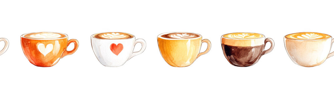 seamless border of colorful coffee cups with heart designs and latte art transparent background