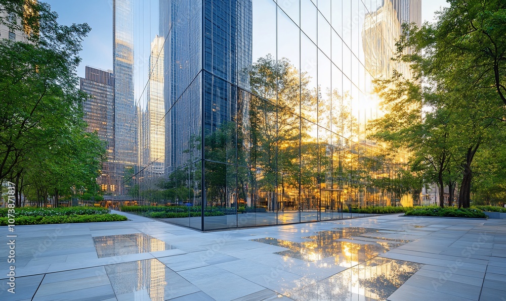 Poster a modern glass building with a reflection of the city skyline and trees in the windows.