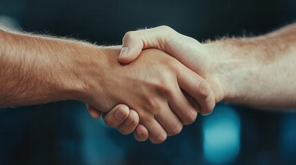 Fototapeta premium Two Individuals Engaging in a Firm Handshake, Signifying Agreement or Collaboration, in a Professional Setting With Blurred Background Details