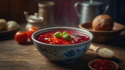 Borscht on a plate is a dish of Slavic cuisine