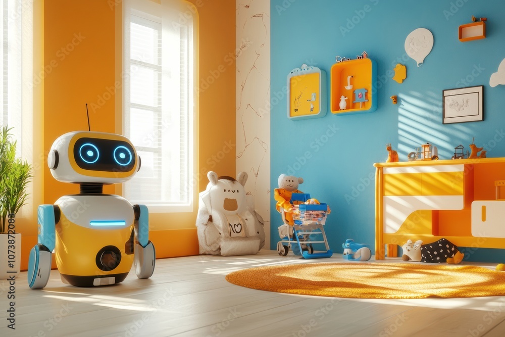 Poster this lively children's room is designed with vibrant colors and friendly robots, promoting fun and i