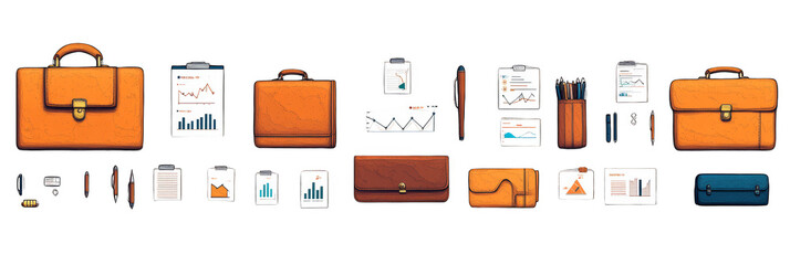 Fototapeta premium orange briefcases documents charts and pens professional workspace transparent background