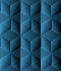 Seamless geometric pattern in grey golden blue pink tints. Modern stylish texture. Repeating geometric background. Hexagons with striped surfaces.