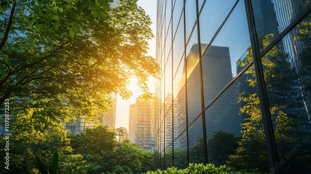 Poster a modern glass building with green trees and a sunset in the background.
