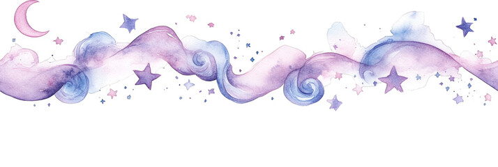 whimsical watercolor purple clouds stars crescent moon seamless pattern transparent background