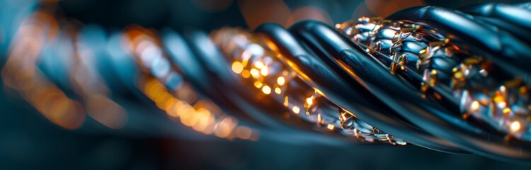 A close-up of twisted metallic cables with glowing lights in a dark setting. Concept of technology and connectivity. For tech-related presentations or ads.
