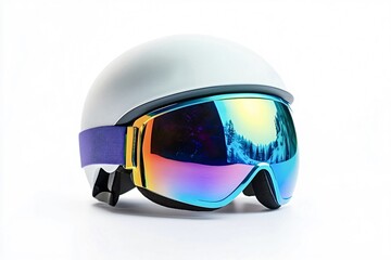 Modern ski helmet and goggles reflecting a snowy mountain landscape, showcasing essential winter sports equipment for safety and clear vision on the slopes