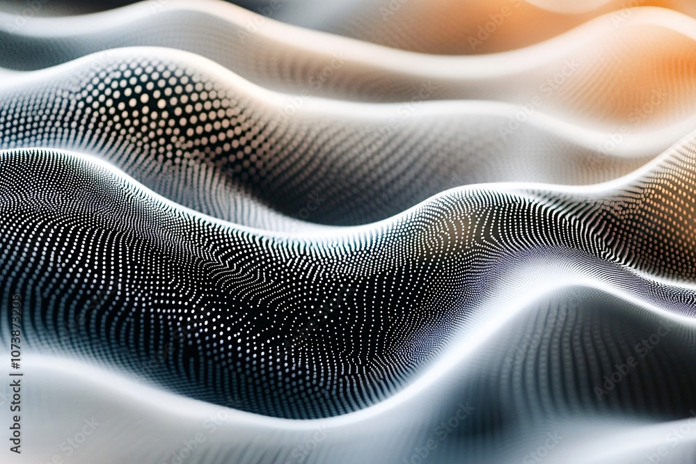 Poster white glowing particles are forming a futuristic wave pattern on a dark background, creating a dynam