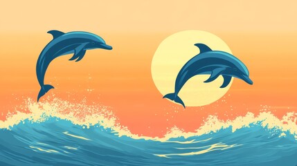 Two dolphins leap from the ocean waves against an orange sunset.