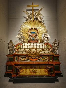Madrid, Spain - November 4, 2024. Altar of repose, designed by Ventura Rodriguez and sculpted by Juan Pascual de Mena. Royal Collections Gallery.
