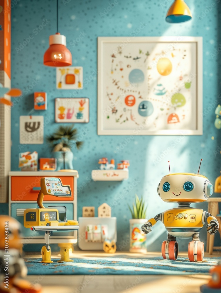 Aufkleber bright and inviting children's room adorned with friendly robot assistants exploring and playing wit