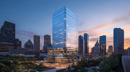 Fototapeta premium A modern glass skyscraper stands tall against a backdrop of a city skyline at dusk.
