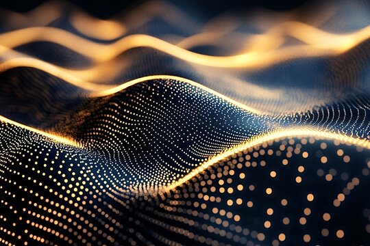 Golden particles are flowing and creating abstract waves in a digital space, representing concepts like data flow, network communication, or abstract art