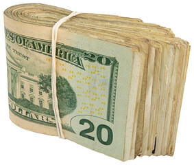 20$ bills. Stack of twenty American bills. Cash wad roll. Money rolled in half with rubber band....