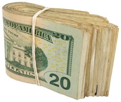 20$ bills. Stack of twenty American bills. Cash wad roll. Money rolled in half with rubber band. Green USA bank notes. USD banking saving. Paper money note. Business success. Rich. Isolated background