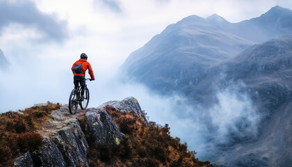 Adventurous mountain biker descending rugged trail on steep rock slope wearing red jacket and helmet. Bold silhouette against expansive misty mountains. Active people, freedom, nature's beauty concept